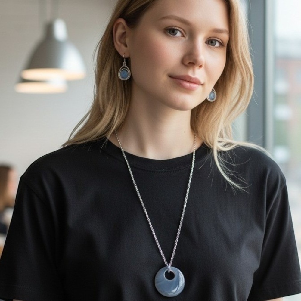Jewelry Set Women OS Grey Blue Agate Style Pendant Earrings